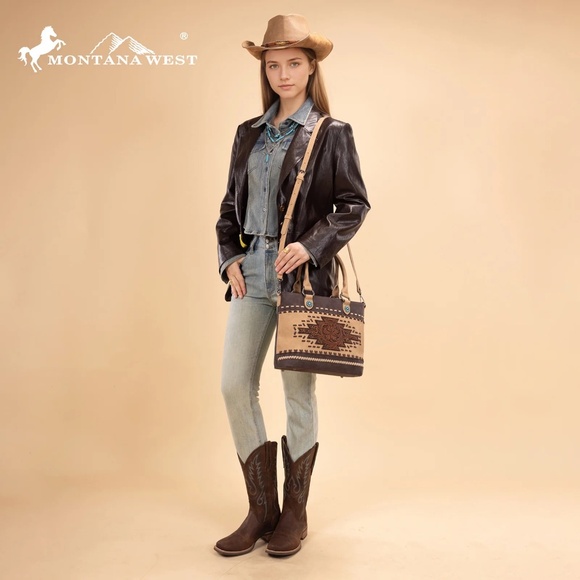 Montana West Western Tooled Aztec Concealed Carry Tote/Crossbody Coffee - Picture 5 of 6